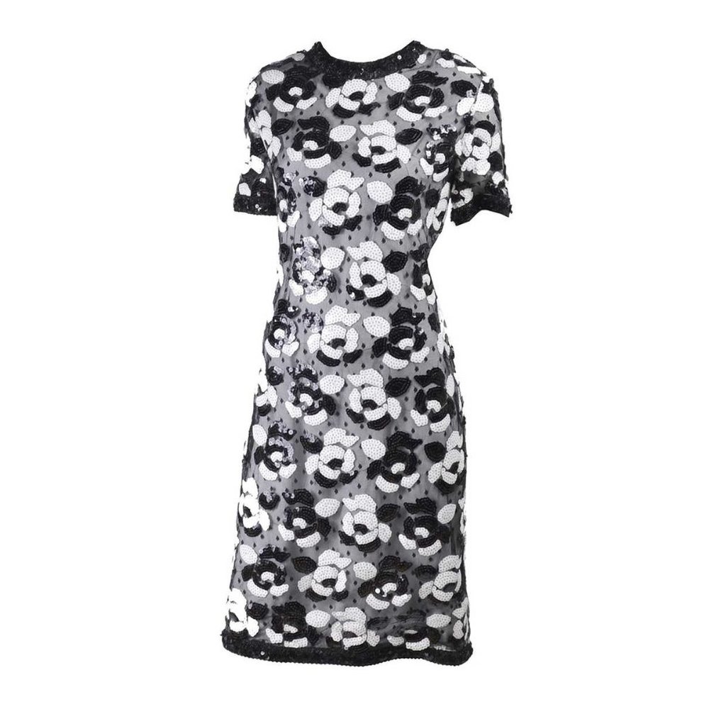 Women's Vintage 80's VICTOR COSTA Black White Sequins Flowers Dress Sz 8 EUC